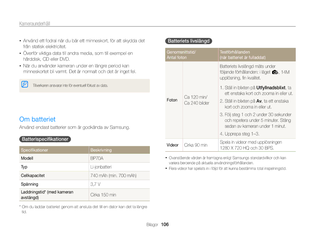 Samsung EC-PL120ZBPLE2 manual Om batteriet, Batterispeciﬁkationer, Batteriets livslängd, Speciﬁkationer Beskrivning 