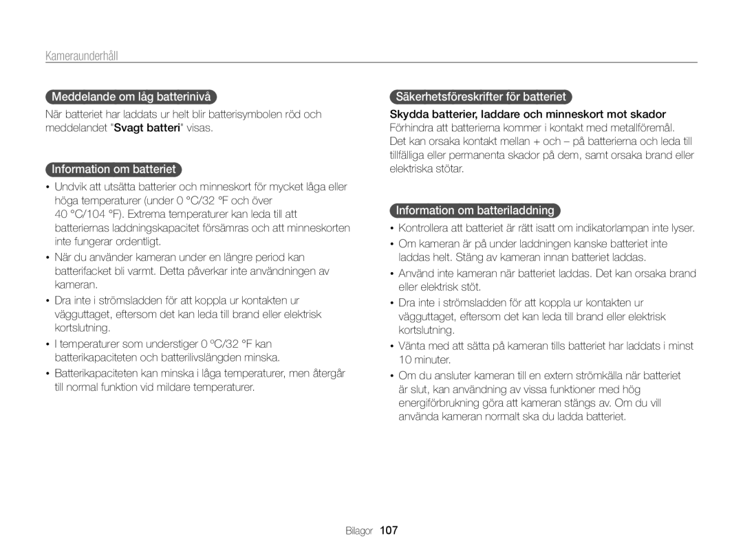 Samsung EC-PL120ZFPSE2 manual Meddelande om låg batterinivå, Information om batteriet, Säkerhetsföreskrifter för batteriet 