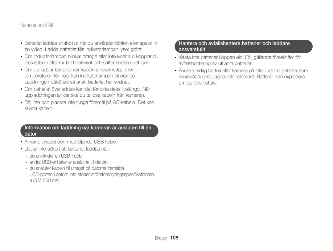 Samsung EC-PL210ZBPBE2, EC-PL120ZBPSE2, EC-PL20ZZBPSE2, EC-PL210ZBPPE2, EC-PL120ZBPLE2, EC-PL120ZFPSE2 manual Kameraunderhåll 