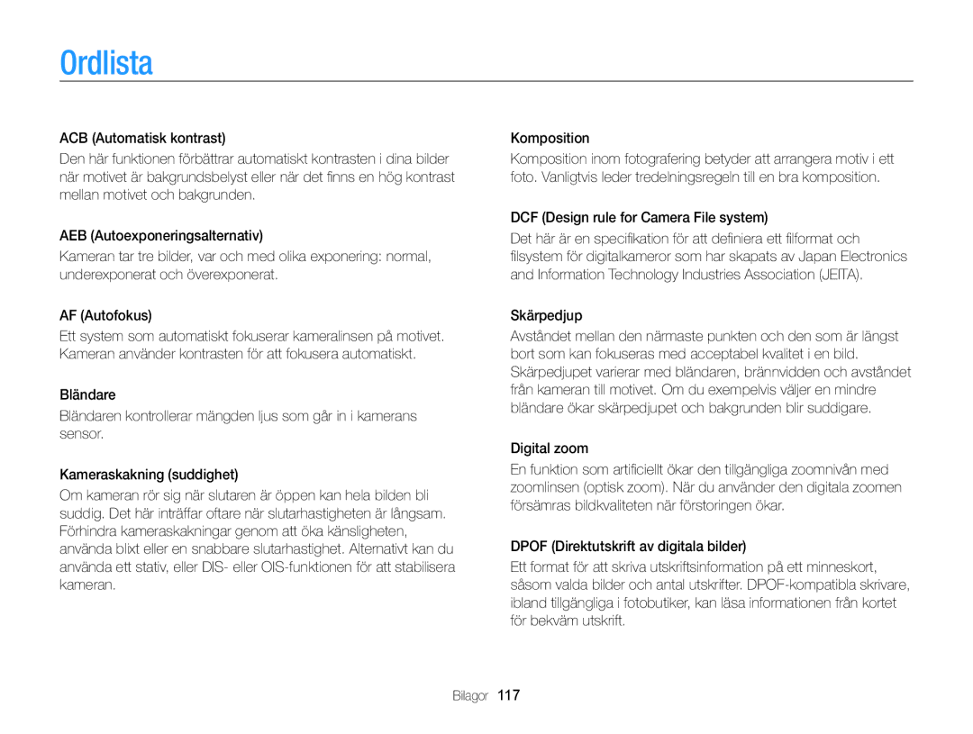 Samsung EC-PL20ZZBPSE2, EC-PL120ZBPSE2, EC-PL210ZBPPE2 manual Ordlista, DCF Design rule for Camera File system, Skärpedjup 