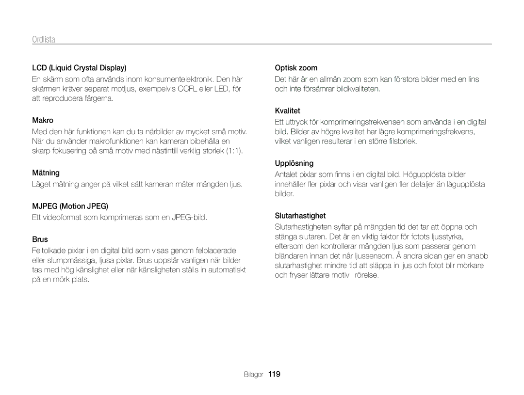 Samsung EC-PL120ZBPLE2, EC-PL120ZBPSE2, EC-PL20ZZBPSE2, EC-PL210ZBPPE2, EC-PL120ZFPSE2, EC-PL210ZBPBE2, EC-PL20ZZBPPE2 Ordlista 