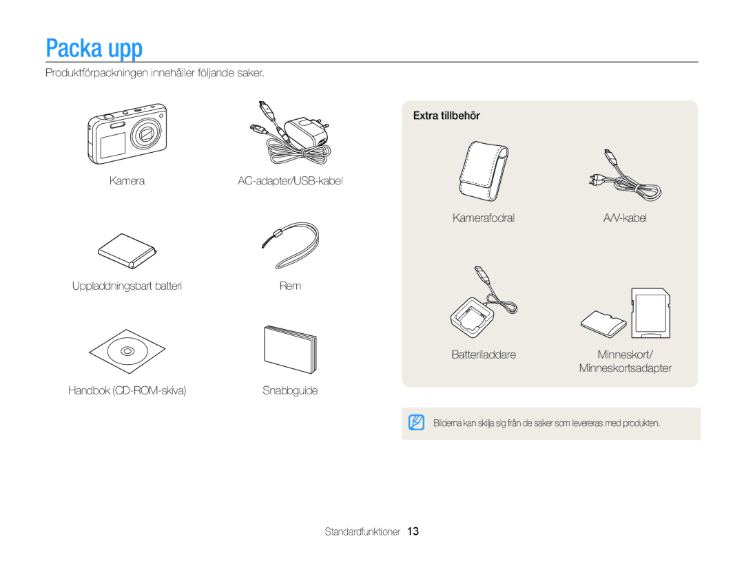 Samsung EC-PL20ZZBPSE2, EC-PL120ZBPSE2, EC-PL210ZBPPE2, EC-PL120ZBPLE2, EC-PL120ZFPSE2 manual Packa upp, Standardfunktioner 