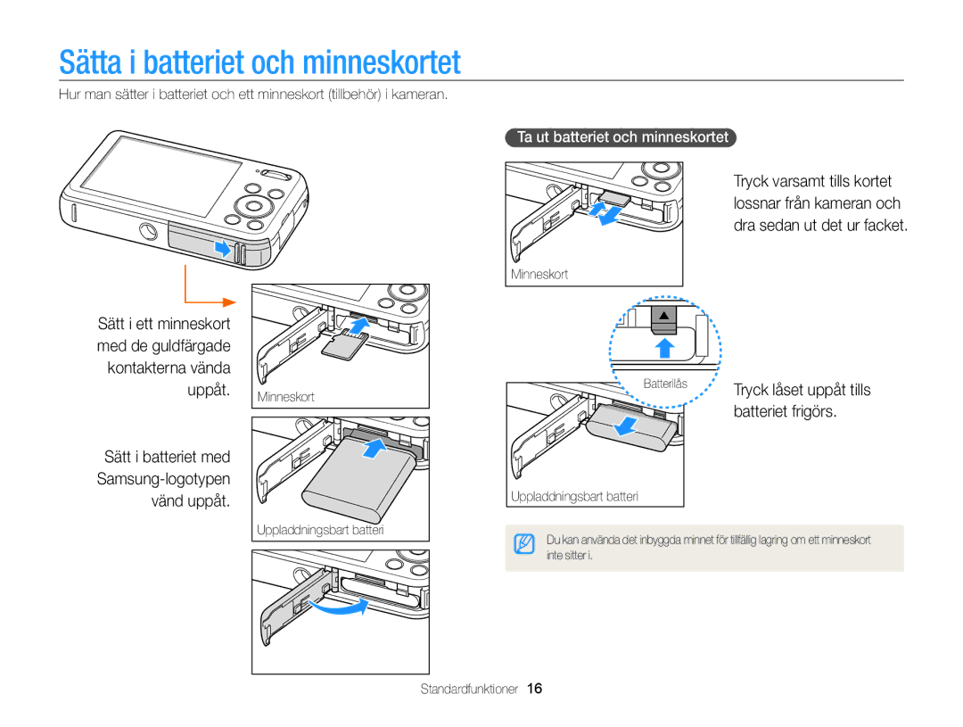 Samsung EC-PL120ZFPSE2 manual Sätta i batteriet och minneskortet, Batteriet frigörs, Ta ut batteriet och minneskortet 