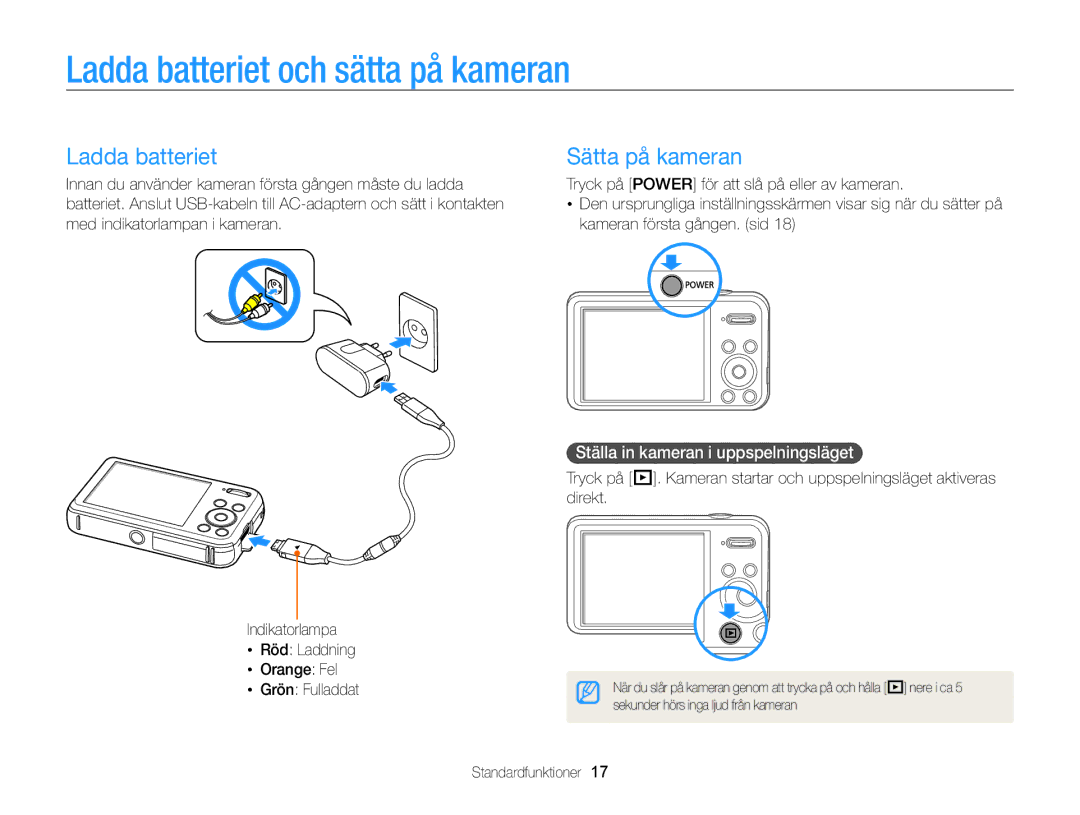 Samsung EC-PL210ZBPBE2 manual Ladda batteriet och sätta på kameran, Sätta på kameran, Ställa in kameran i uppspelningsläget 