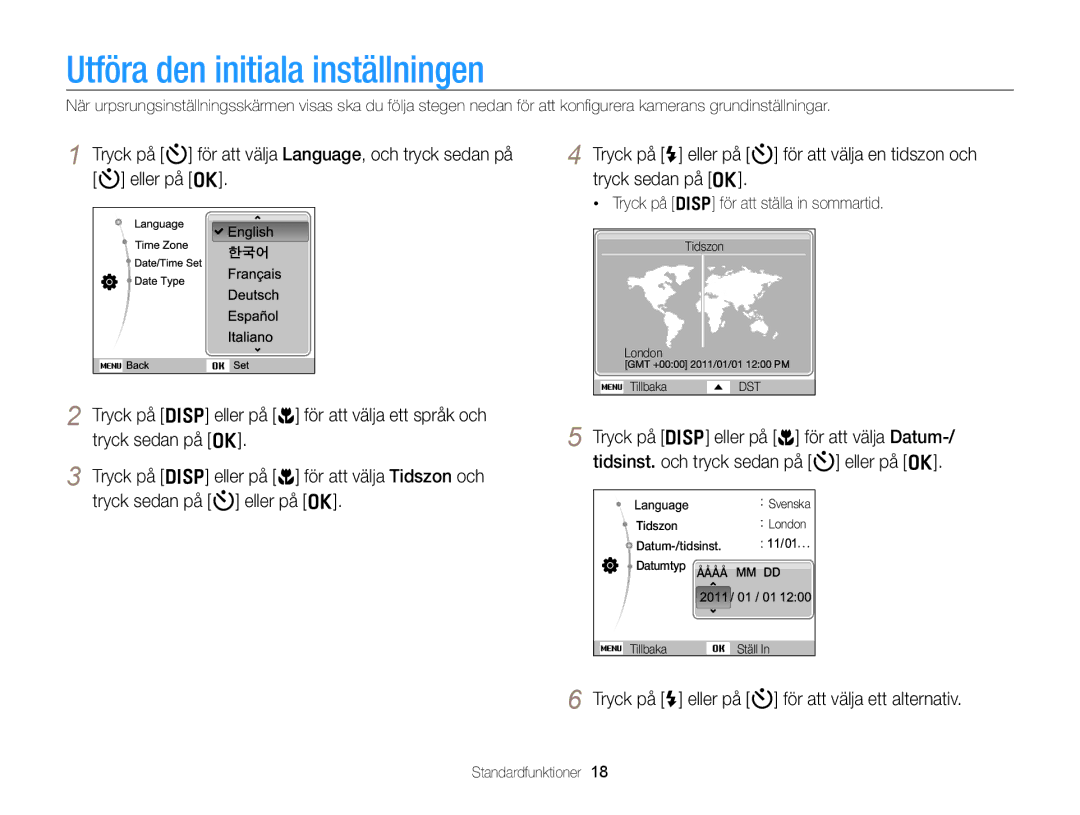 Samsung EC-PL20ZZBPPE2 manual Utföra den initiala inställningen, Tryck på F eller på t för att välja ett alternativ 