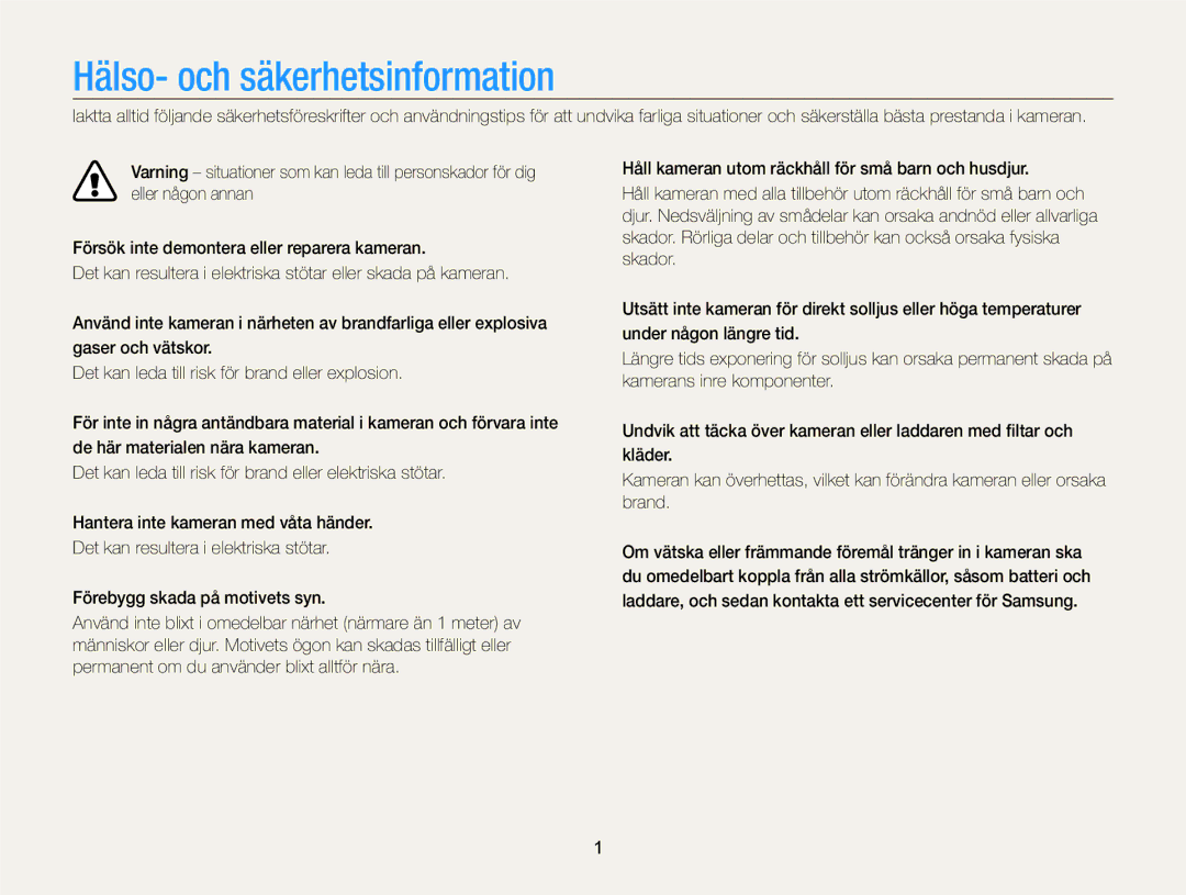 Samsung EC-PL210ZBPPE2, EC-PL120ZBPSE2, EC-PL20ZZBPSE2, EC-PL120ZBPLE2, EC-PL120ZFPSE2 manual Hälso- och säkerhetsinformation 