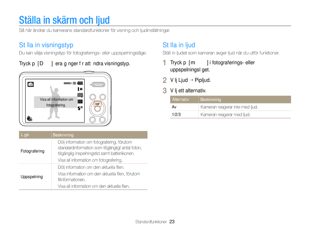 Samsung EC-PL120ZBPBE2, EC-PL120ZBPSE2, EC-PL20ZZBPSE2 manual Ställa in skärm och ljud, Ställa in visningstyp, Ställa in ljud 