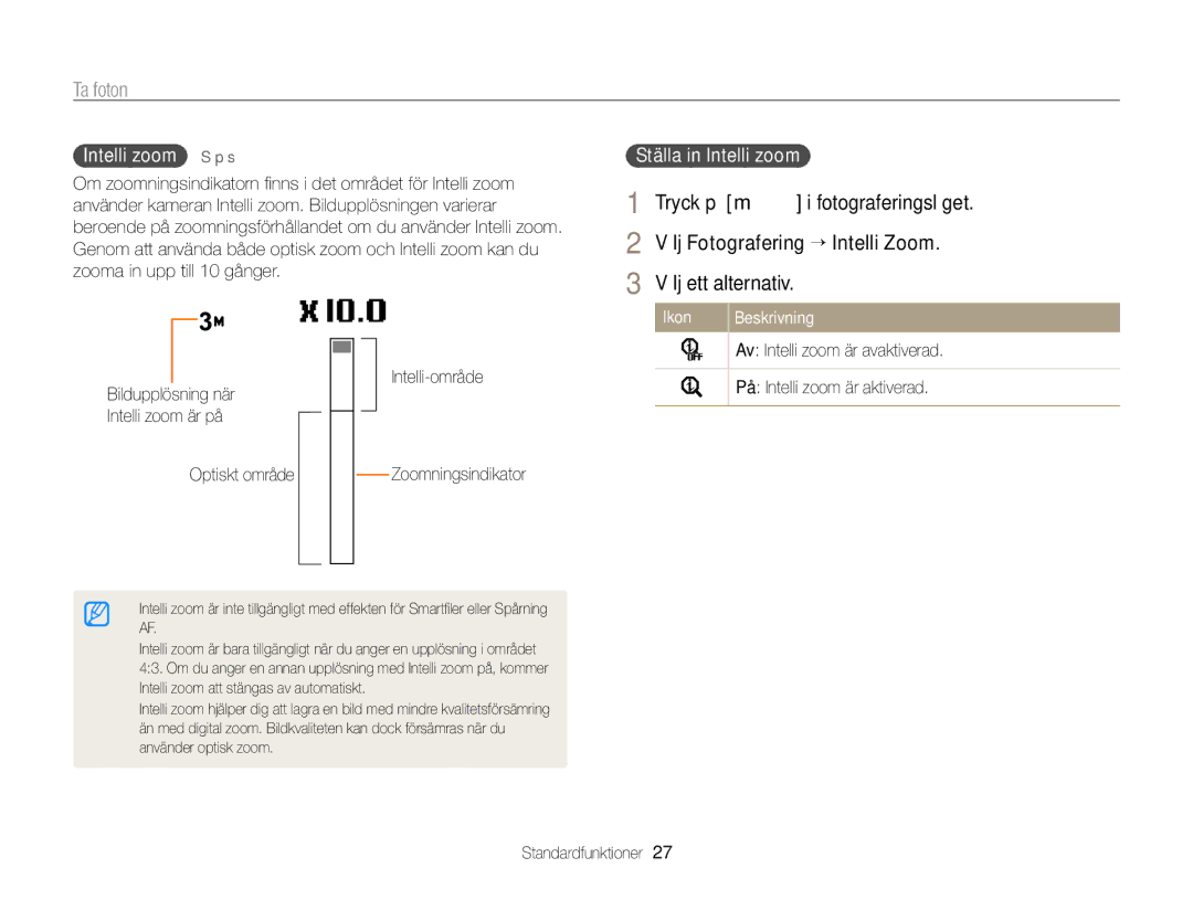 Samsung EC-PL210ZBPPE2, EC-PL120ZBPSE2 manual Intelli zoom S p s, Ställa in Intelli zoom, Optiskt område Zoomningsindikator 