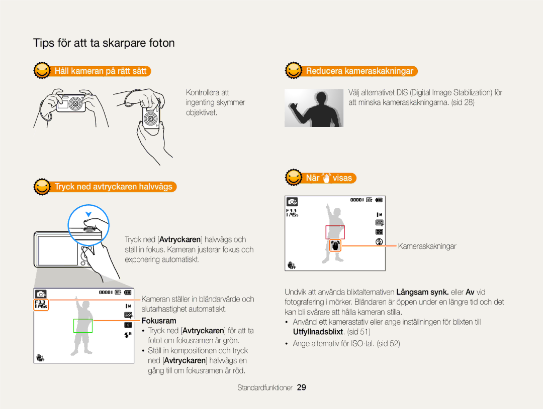 Samsung EC-PL120ZFPSE2 manual Håll kameran på rätt sätt Reducera kameraskakningar, När visas Tryck ned avtryckaren halvvägs 