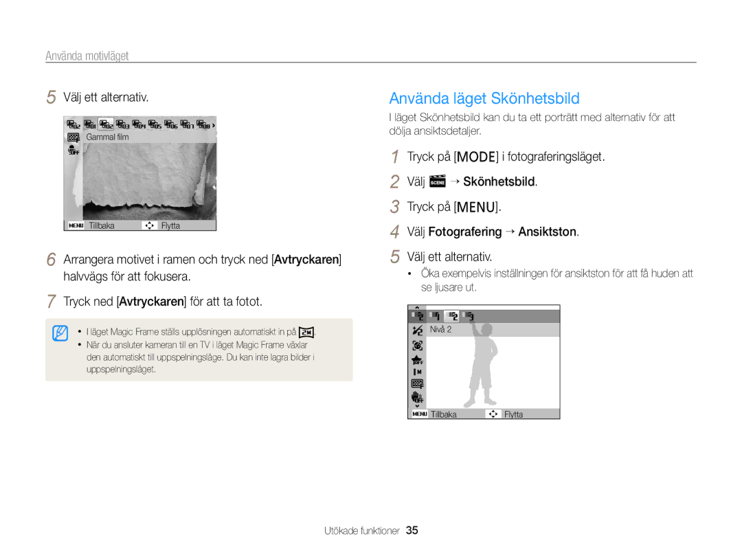 Samsung EC-PL120ZFPBE2, EC-PL120ZBPSE2, EC-PL20ZZBPSE2, EC-PL210ZBPPE2 manual Använda läget Skönhetsbild, Använda motivläget 