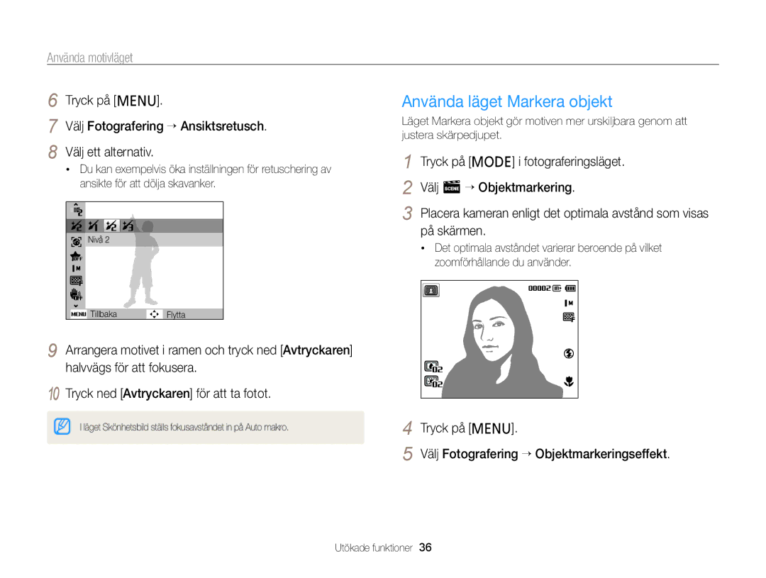 Samsung EC-PL120ZBPBE2 manual Använda läget Markera objekt, Tryck på m Välj Fotografering “ Objektmarkeringseffekt 