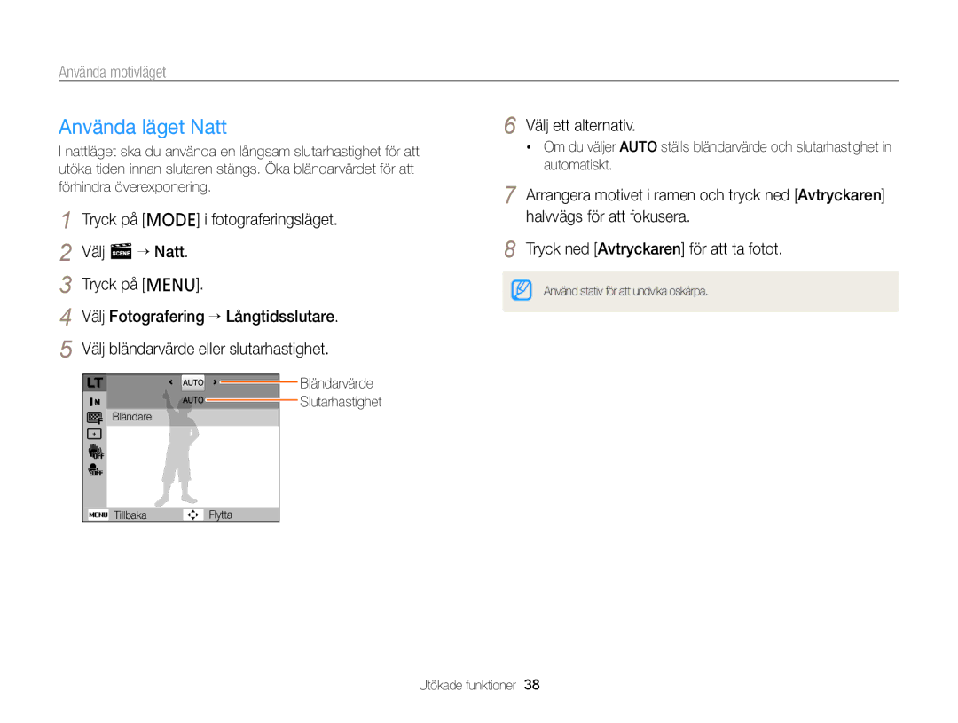 Samsung EC-PL120ZBPSE2, EC-PL20ZZBPSE2, EC-PL210ZBPPE2, EC-PL120ZBPLE2 manual Använda läget Natt, Bländarvärde Slutarhastighet 