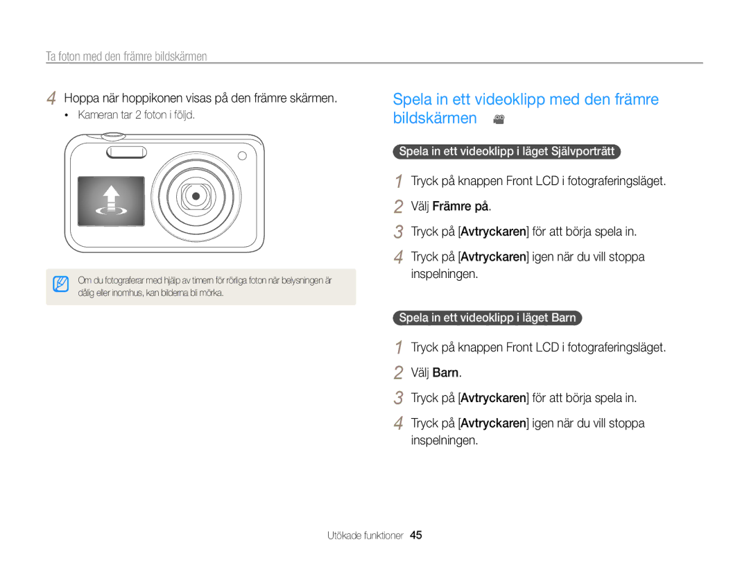 Samsung EC-PL20ZZBPBE2 Spela in ett videoklipp med den främre bildskärmen, Spela in ett videoklipp i läget Självporträtt 