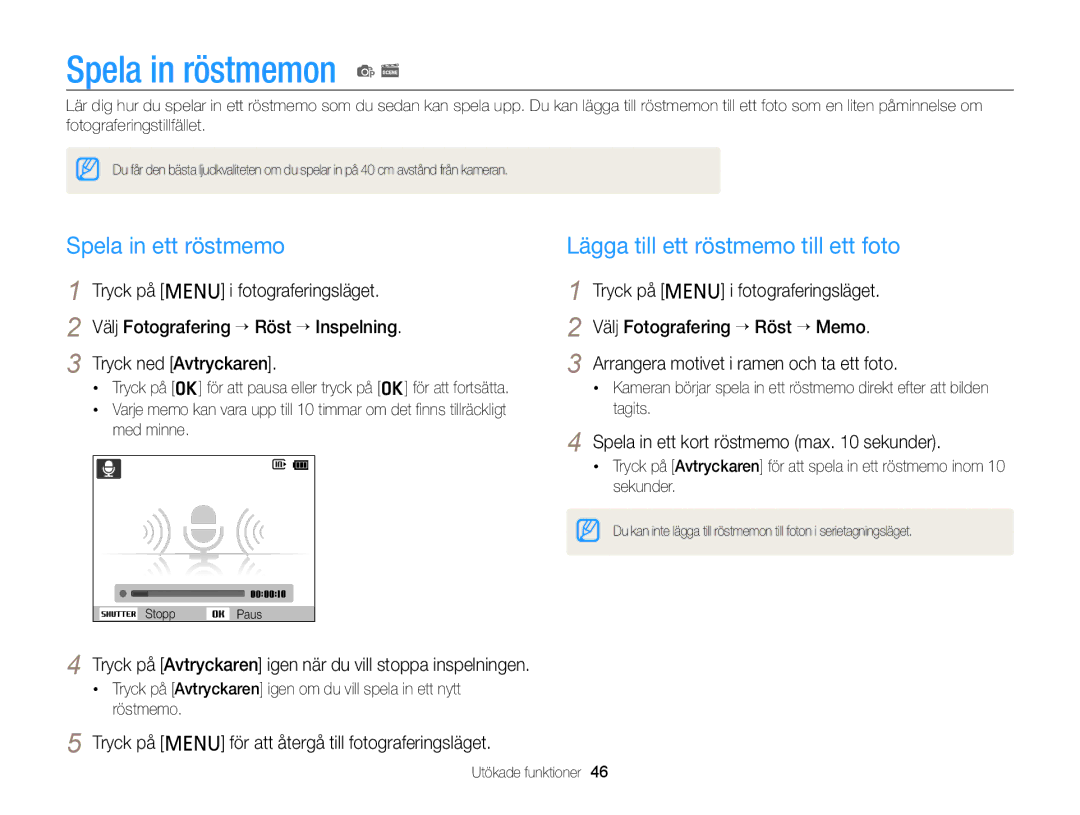 Samsung EC-PL120ZFPLE2 manual Spela in röstmemon p s, Spela in ett röstmemo, Lägga till ett röstmemo till ett foto 