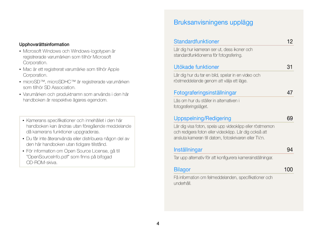 Samsung EC-PL210ZBPBE2 manual Bruksanvisningens upplägg, 100, Läs om hur du ställer in alternativen Fotograferingsläget 