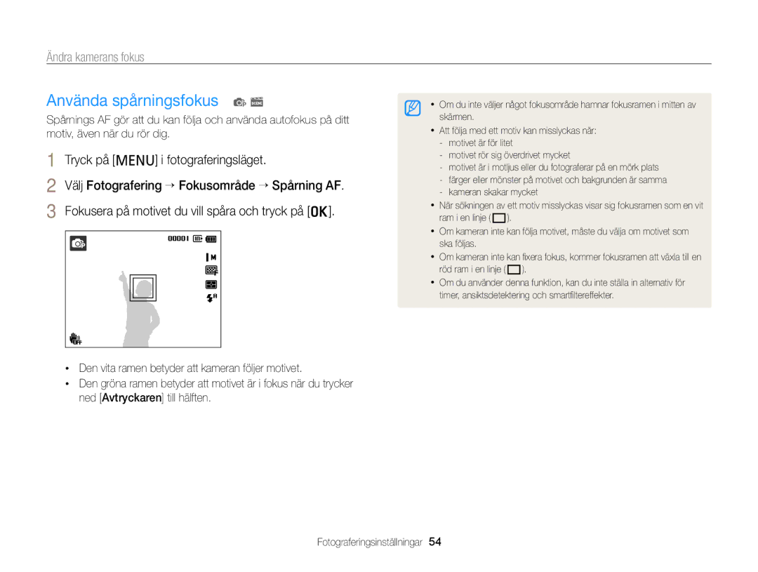 Samsung EC-PL120ZBPLE2, EC-PL120ZBPSE2, EC-PL20ZZBPSE2, EC-PL210ZBPPE2 manual Använda spårningsfokus p s, Ändra kamerans fokus 