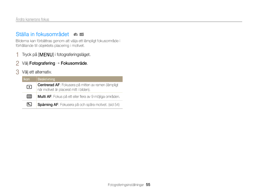 Samsung EC-PL120ZFPSE2, EC-PL120ZBPSE2, EC-PL20ZZBPSE2, EC-PL210ZBPPE2, EC-PL120ZBPLE2 manual Ställa in fokusområdet p s 