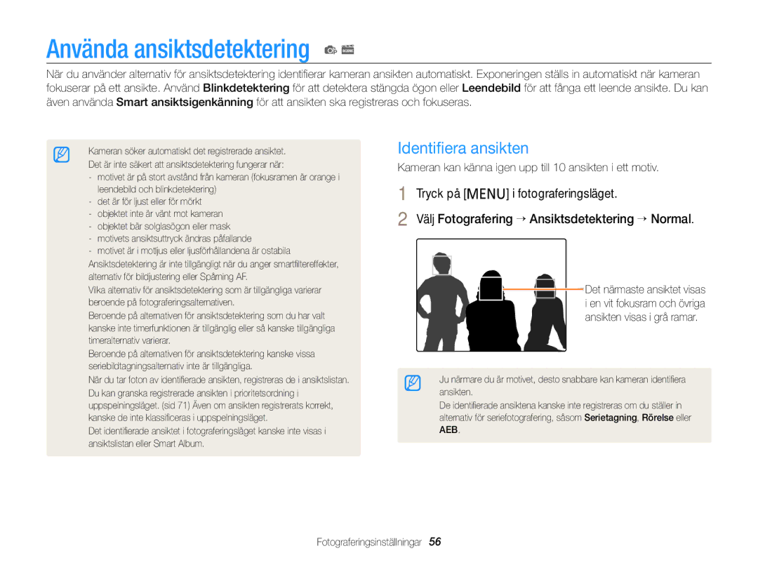 Samsung EC-PL210ZBPBE2, EC-PL120ZBPSE2, EC-PL20ZZBPSE2, EC-PL210ZBPPE2 Använda ansiktsdetektering p s, Identiﬁera ansikten 