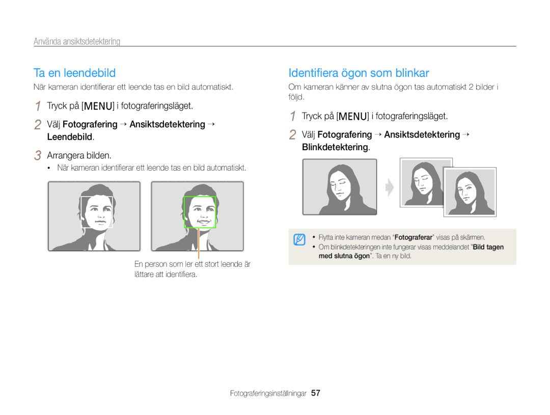 Samsung EC-PL20ZZBPPE2, EC-PL120ZBPSE2 manual Ta en leendebild, Identiﬁera ögon som blinkar, Använda ansiktsdetektering 