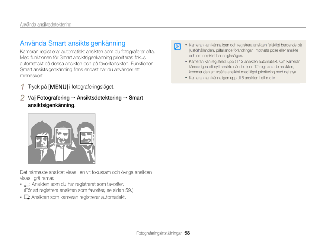 Samsung EC-PL20ZZBPBE2, EC-PL120ZBPSE2 manual Använda Smart ansiktsigenkänning, Ansikten som kameran registrerar automatiskt 