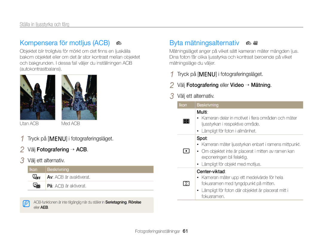 Samsung EC-PL120ZFPBE2 manual Kompensera för motljus ACB p, Byta mätningsalternativ p, Ställa in ljusstyrka och färg 