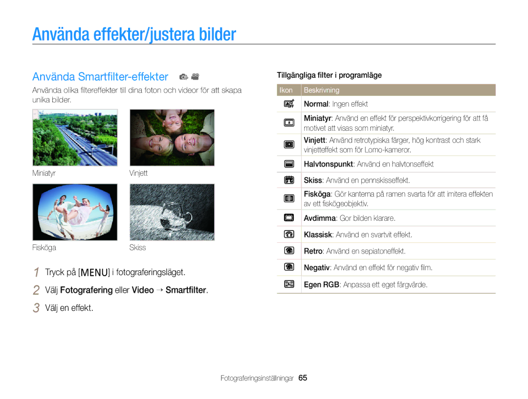 Samsung EC-PL20ZZBPSE2 Använda effekter/justera bilder, Använda Smartﬁlter-effekter p, Tillgängliga ﬁlter i programläge 