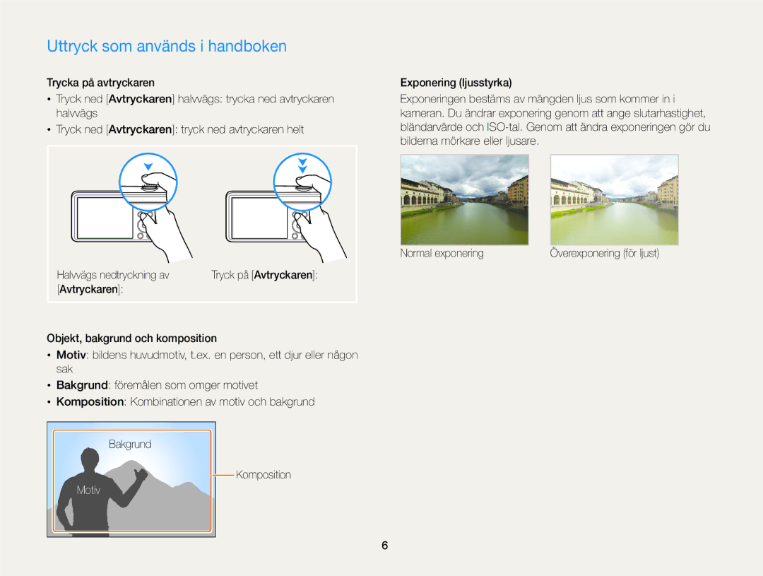 Samsung EC-PL20ZZBPBE2, EC-PL120ZBPSE2 manual Uttryck som används i handboken, Avtryckaren Normal exponering, Motiv 