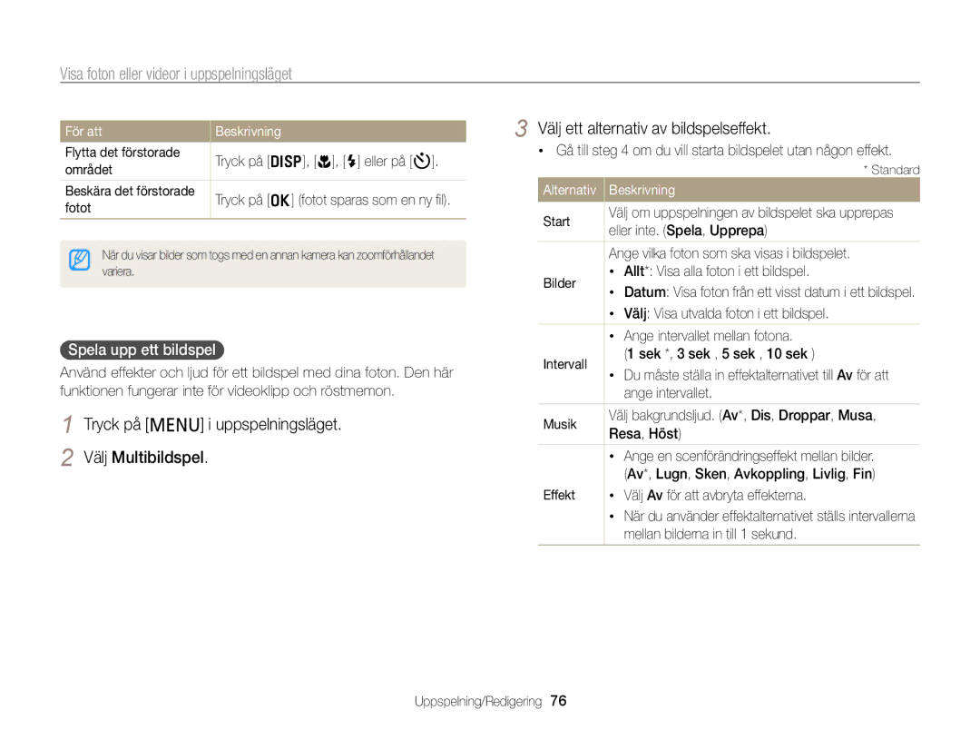 Samsung EC-PL20ZZBPRE2, EC-PL120ZBPSE2, EC-PL20ZZBPSE2, EC-PL210ZBPPE2 manual Spela upp ett bildspel, För att Beskrivning 