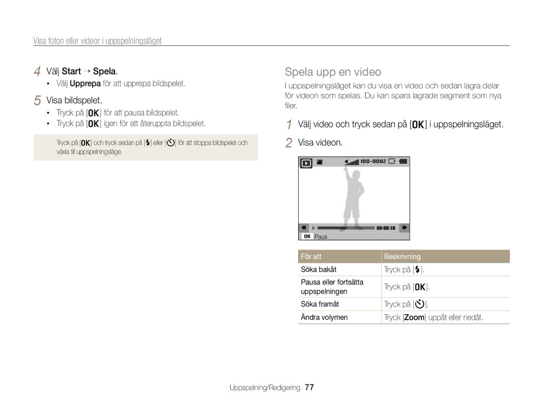 Samsung EC-PL120ZBPSE2, EC-PL20ZZBPSE2, EC-PL210ZBPPE2 manual Spela upp en video, Välj Start “ Spela, Visa bildspelet 