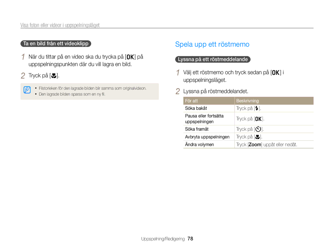 Samsung EC-PL20ZZBPSE2 Spela upp ett röstmemo, Tryck på c, Ta en bild från ett videoklipp, Lyssna på ett röstmeddelande 