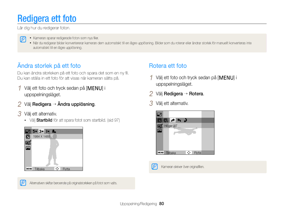 Samsung EC-PL120ZBPLE2 manual Redigera ett foto, Ändra storlek på ett foto, Rotera ett foto, Lär dig hur du redigerar foton 