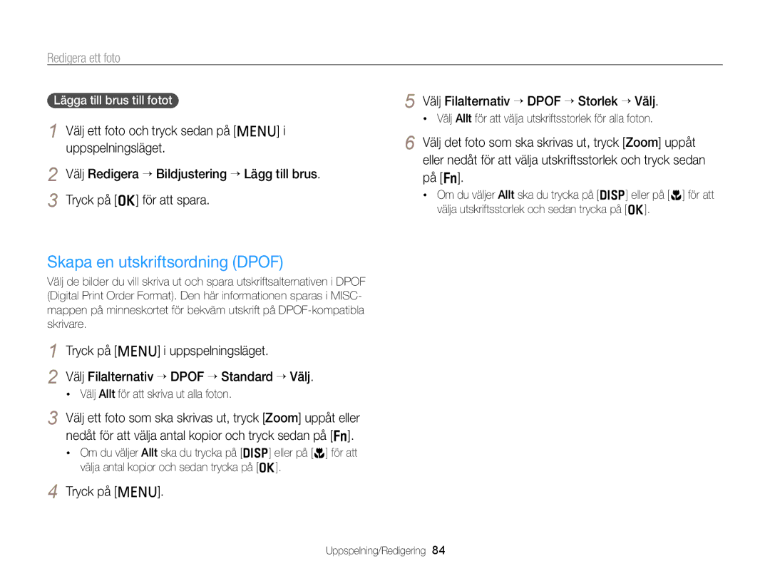 Samsung EC-PL20ZZBPBE2 manual Skapa en utskriftsordning Dpof, Tryck på m Välj Filalternativ “ Dpof “ Storlek “ Välj 