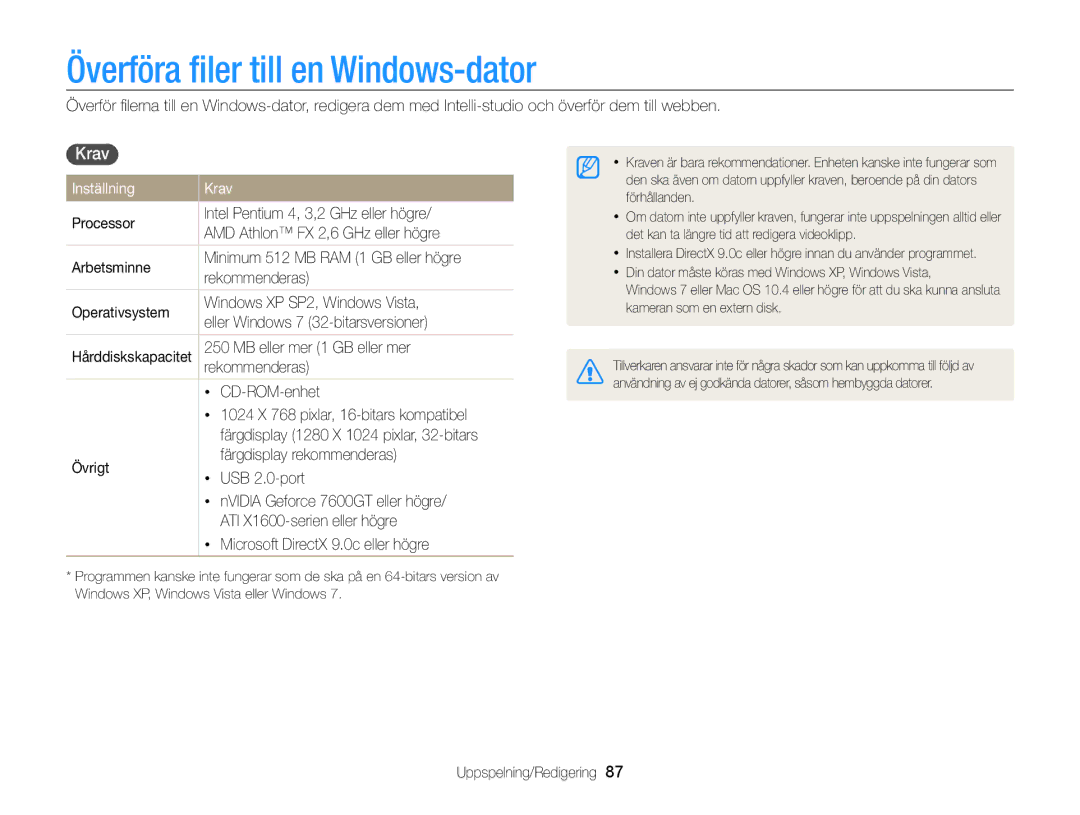 Samsung EC-PL120ZFPBE2, EC-PL120ZBPSE2, EC-PL20ZZBPSE2 manual Överföra ﬁler till en Windows-dator, Inställning Krav 