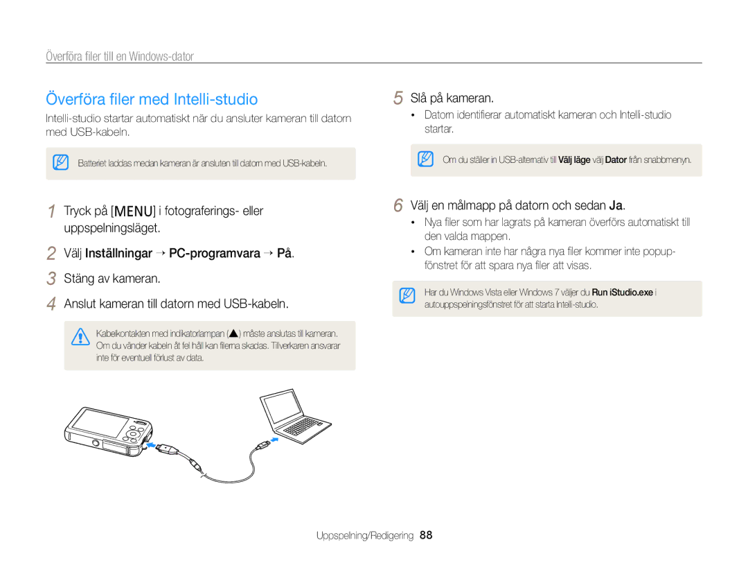 Samsung EC-PL120ZBPBE2, EC-PL120ZBPSE2 manual Överföra ﬁler med Intelli-studio, Överföra ﬁler till en Windows-dator 