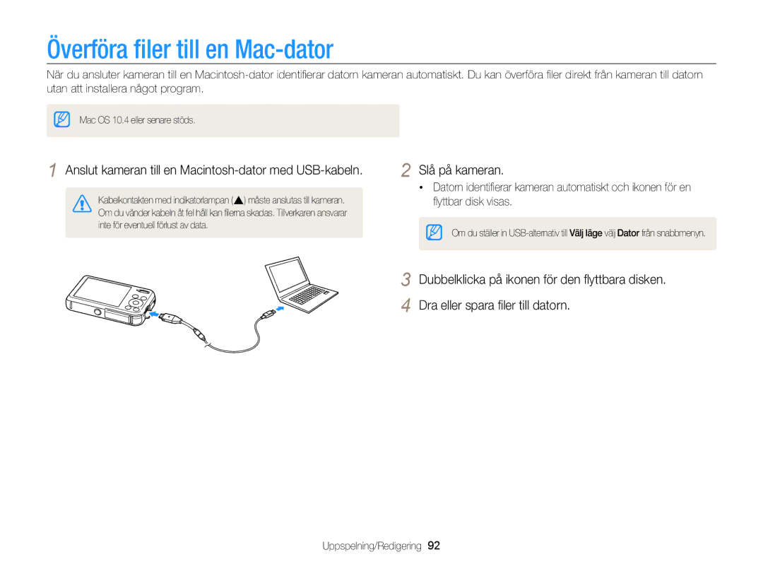 Samsung EC-PL210ZBPPE2 manual Överföra ﬁler till en Mac-dator, Anslut kameran till en Macintosh-dator med USB-kabeln 