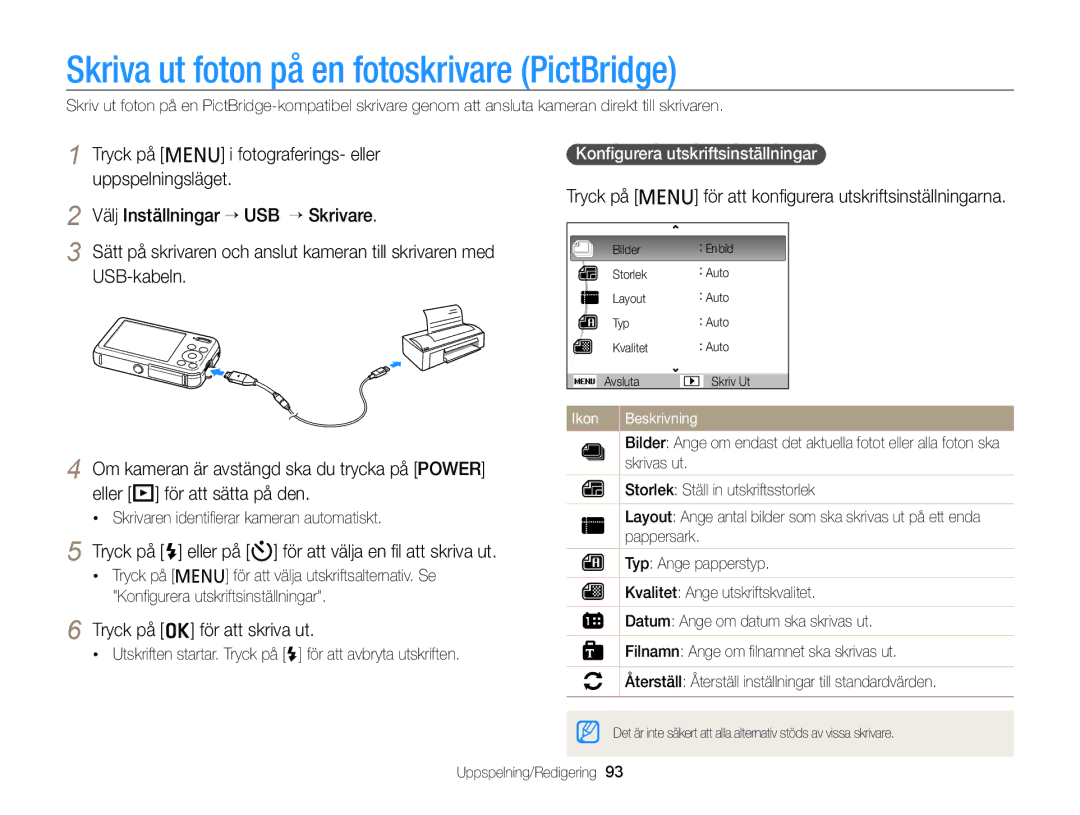 Samsung EC-PL120ZBPLE2, EC-PL120ZBPSE2 manual Skriva ut foton på en fotoskrivare PictBridge, Tryck på o för att skriva ut 