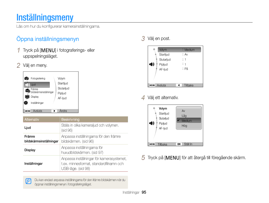 Samsung EC-PL210ZBPBE2, EC-PL120ZBPSE2, EC-PL20ZZBPSE2 manual Inställningsmeny, Öppna inställningsmenyn, Välj en post 