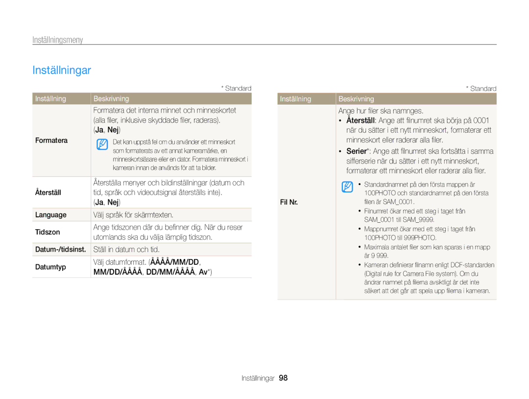 Samsung EC-PL120ZFPLE2 manual Inställningar, Language Välj språk för skärmtexten Tidszon, Ange hur ﬁler ska namnges 