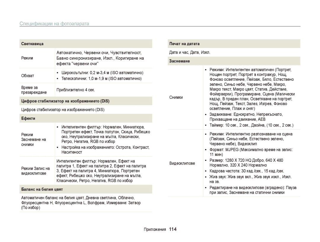 Samsung EC-PL120ZFPPE3, EC-PL120ZFPBE3, EC-PL210ZBPBE3, EC-PL120ZBPSE3 manual Спецификации на фотоапарата, Ефекта червени очи 