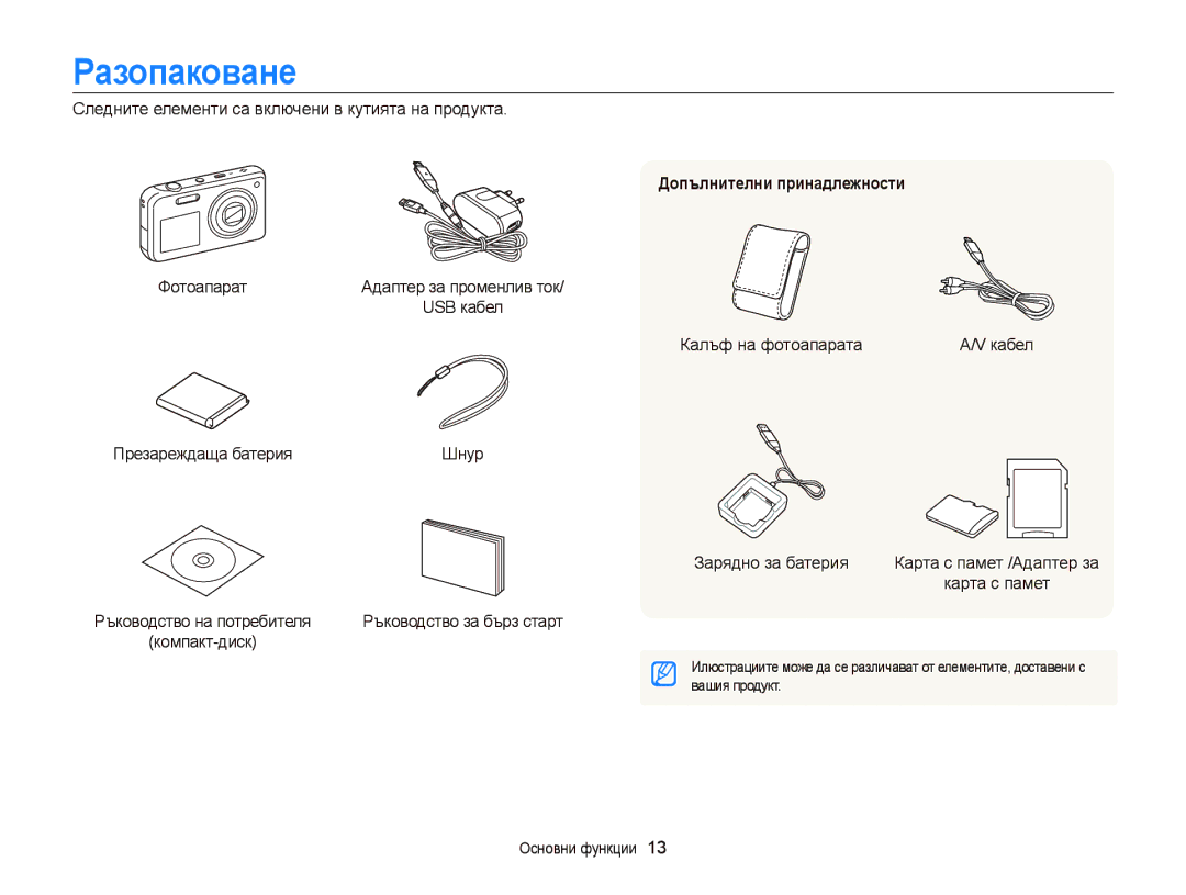 Samsung EC-PL120ZBPBE3, EC-PL120ZFPBE3, EC-PL210ZBPBE3, EC-PL120ZBPSE3 manual Разопаковане, Допълнителни принадлежности 