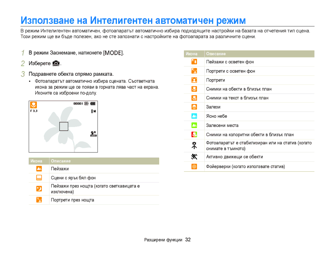 Samsung EC-PL120ZFPSE3, EC-PL120ZFPBE3, EC-PL210ZBPBE3, EC-PL120ZBPSE3 manual Използване на Интелигентен автоматичен режим 