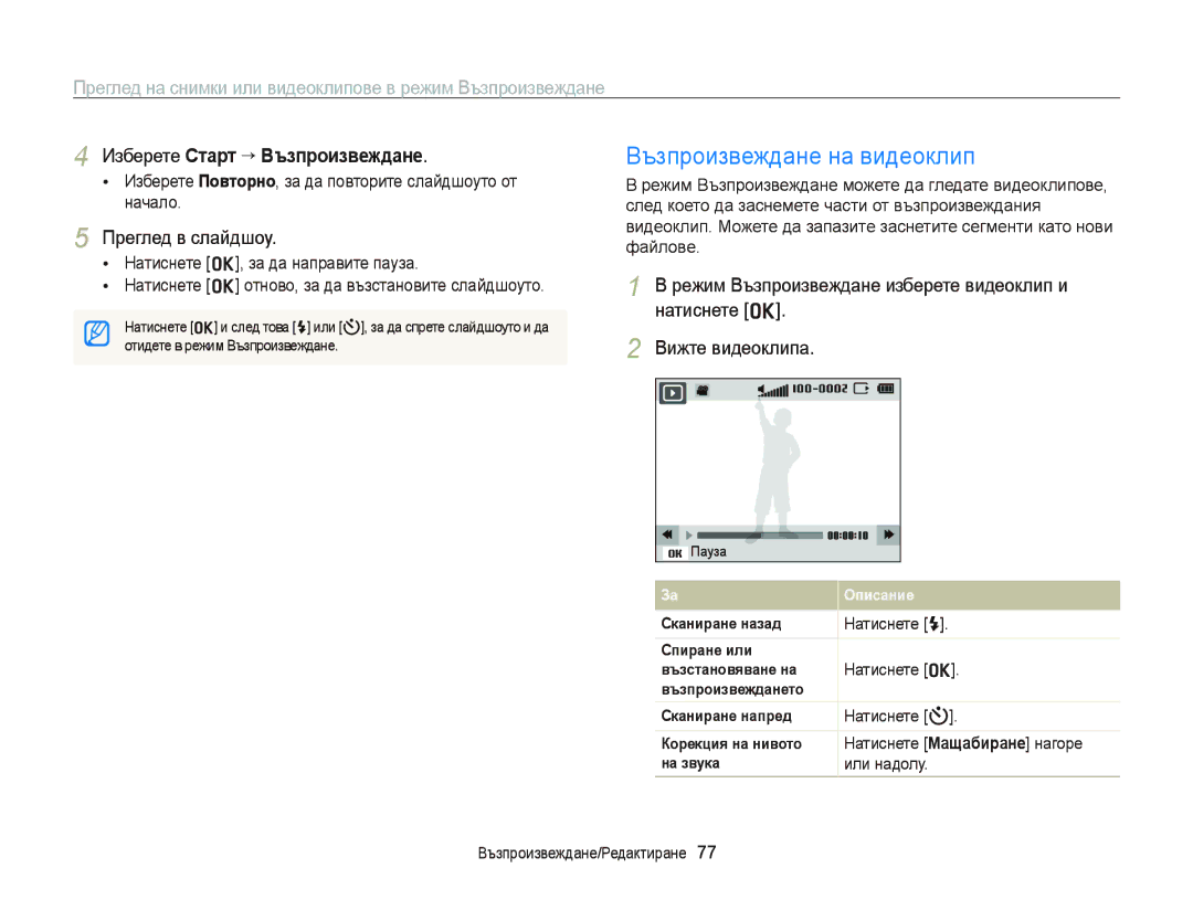 Samsung EC-PL20ZZBPBE3, EC-PL120ZFPBE3 Възпроизвеждане на видеоклип, Изберете Старт “ Възпроизвеждане, Преглед в слайдшоу 