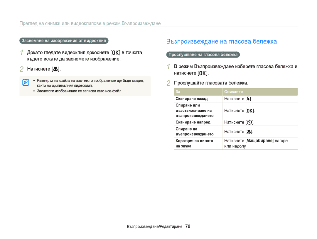 Samsung EC-PL20ZZBPSE3 manual Възпроизвеждане на гласова бележка, Натиснете c, Заснемане на изображение от видеоклип 