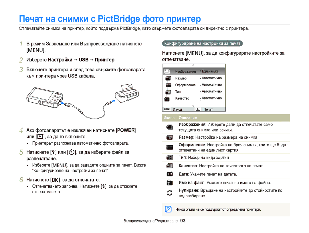 Samsung EC-PL120ZBPBE3, EC-PL120ZFPBE3 manual Печат на снимки с PictBridge фото принтер, Изберете Настройки “ USB “ Принтер 