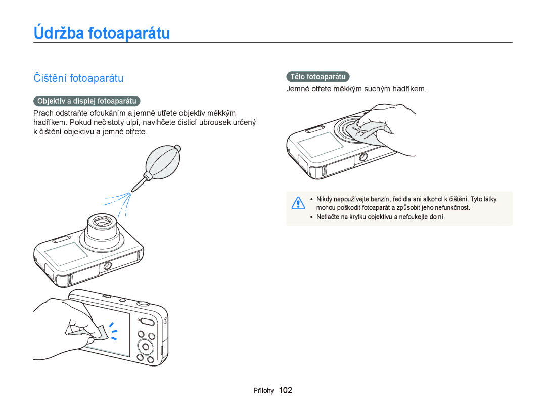 Samsung EC-PL120ZBPBE3 manual Údržba fotoaparátu, Čištění fotoaparátu, Objektiv a displej fotoaparátu, Tělo fotoaparátu 