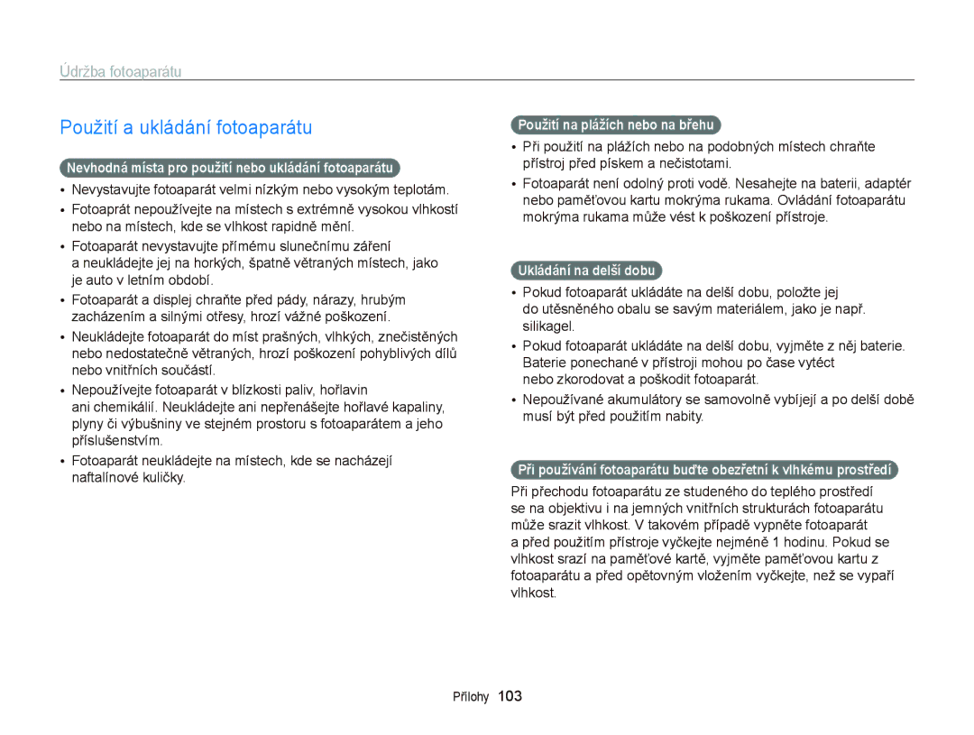 Samsung EC-PL210ZBPSE3 manual Použití a ukládání fotoaparátu, Údržba fotoaparátu, Použití na plážích nebo na břehu 