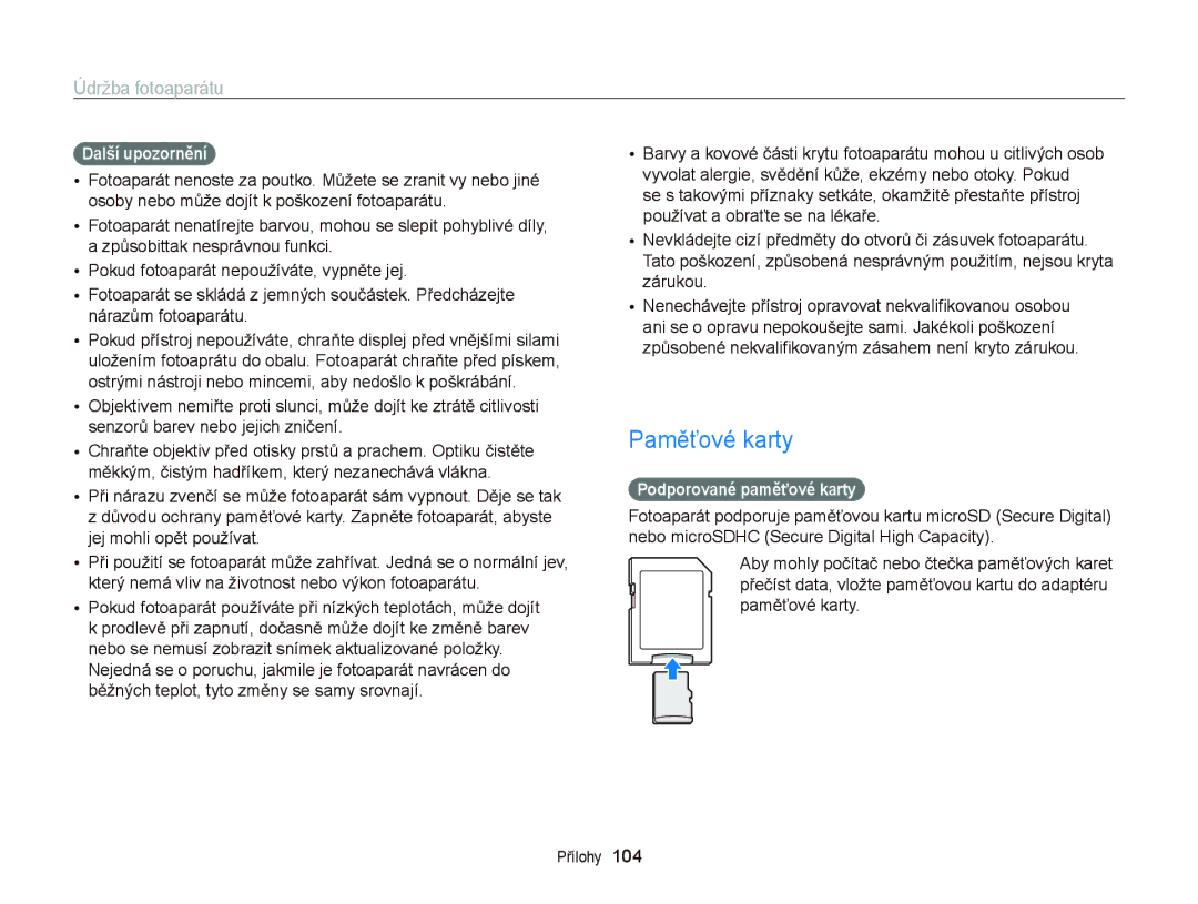 Samsung EC-PL20ZZBPBE3, EC-PL120ZFPBE3, EC-PL210ZBPBE3 manual Paměťové karty, Další upozornění, Podporované paměťové karty 