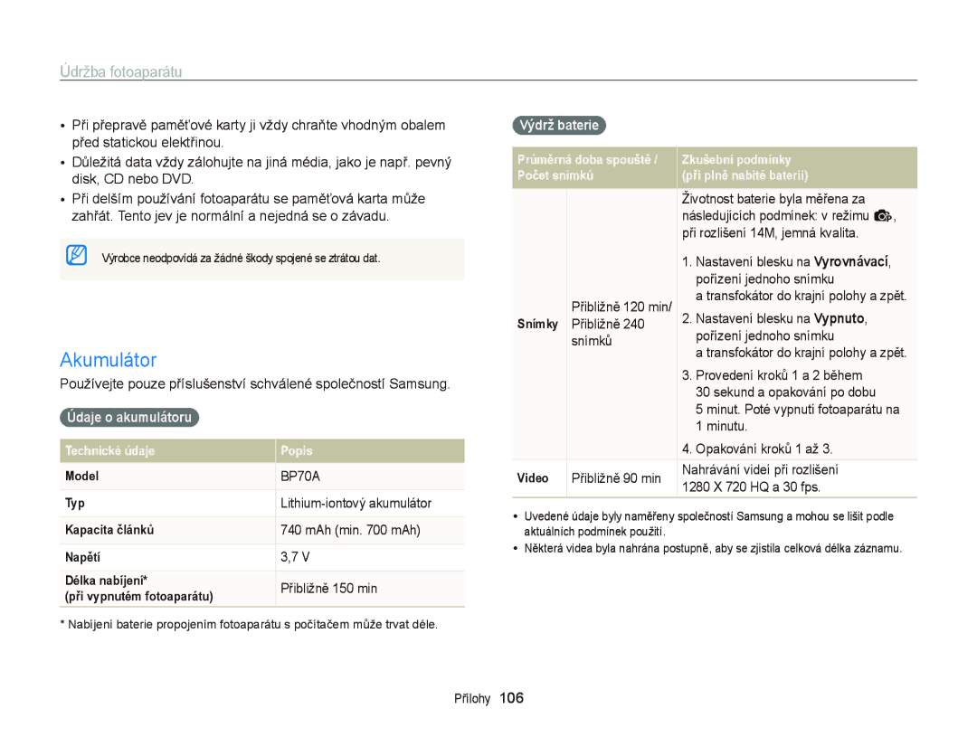 Samsung EC-PL20ZZBPRE3, EC-PL120ZFPBE3, EC-PL210ZBPBE3, EC-PL120ZBPSE3 manual Akumulátor, Údaje o akumulátoru, Výdrž baterie 