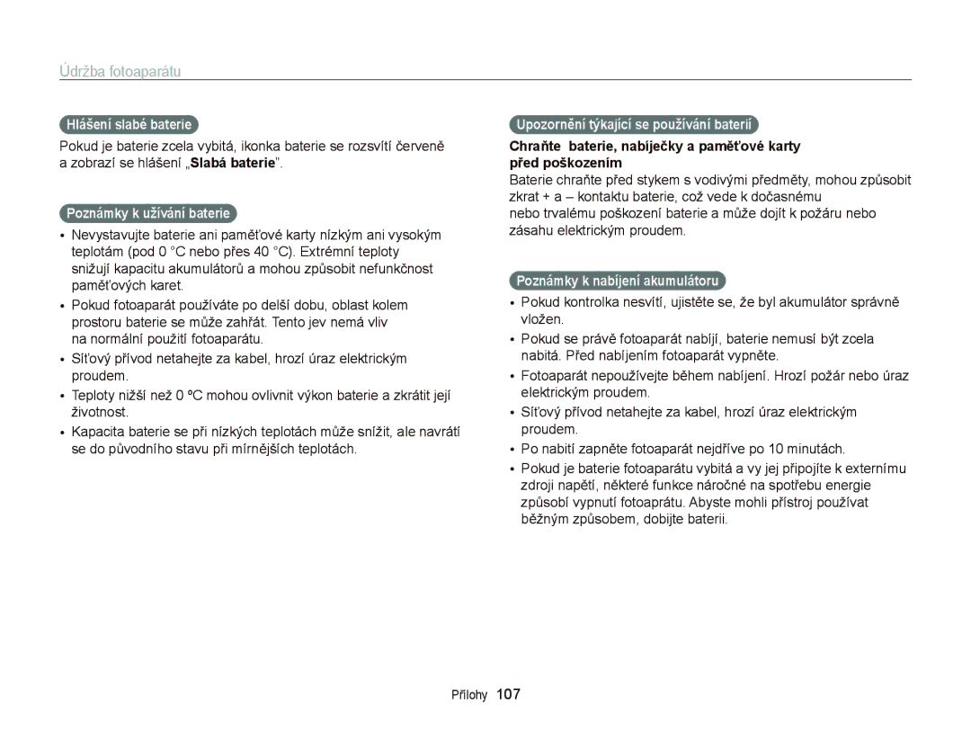 Samsung EC-PL120ZFPBE3 manual Hlášení slabé baterie, Poznámky k užívání baterie, Upozornění týkající se používání baterií 