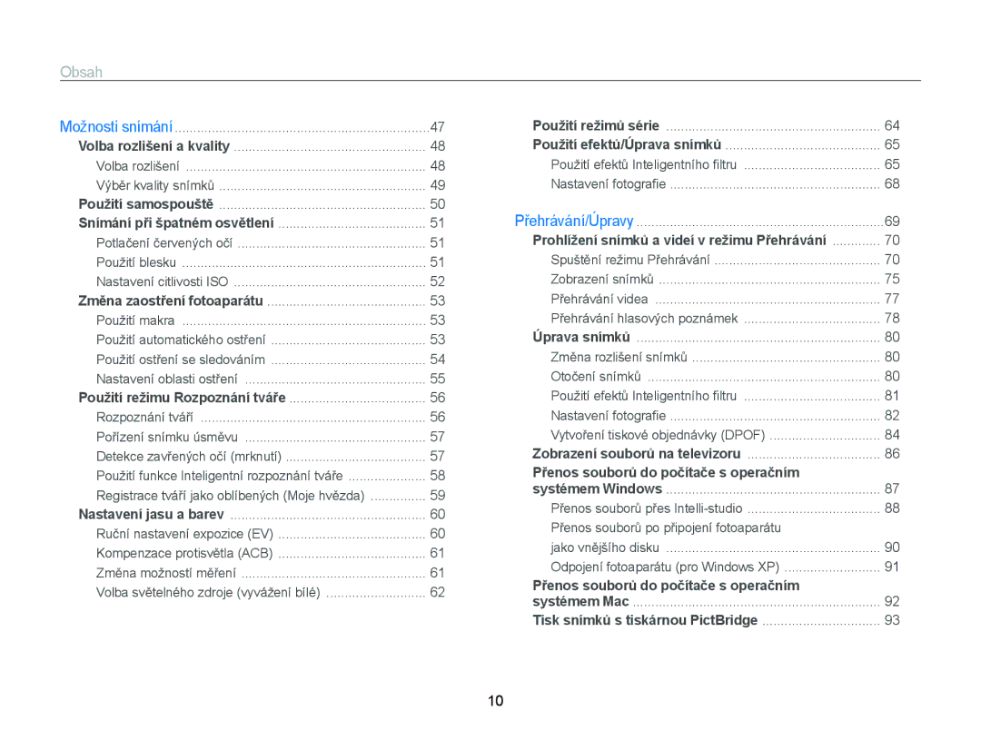 Samsung EC-PL120ZBPSE3, EC-PL120ZFPBE3, EC-PL210ZBPBE3 manual Obsah, Pořízení snímku úsměvu Detekce zavřených očí mrknutí 